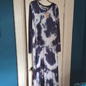 NATURAL LIFE Navy and White Tie-Dye Long Sleeve Maxi Dress